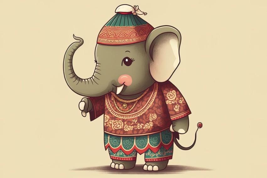 Charming Cartoon Elephant in Traditional Attire | Digital Painting