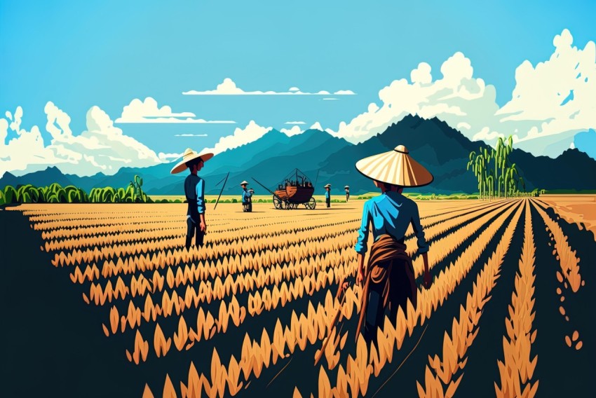Retro-Futuristic Propaganda: People in a Wheat Field | Traditional Vietnamese Art