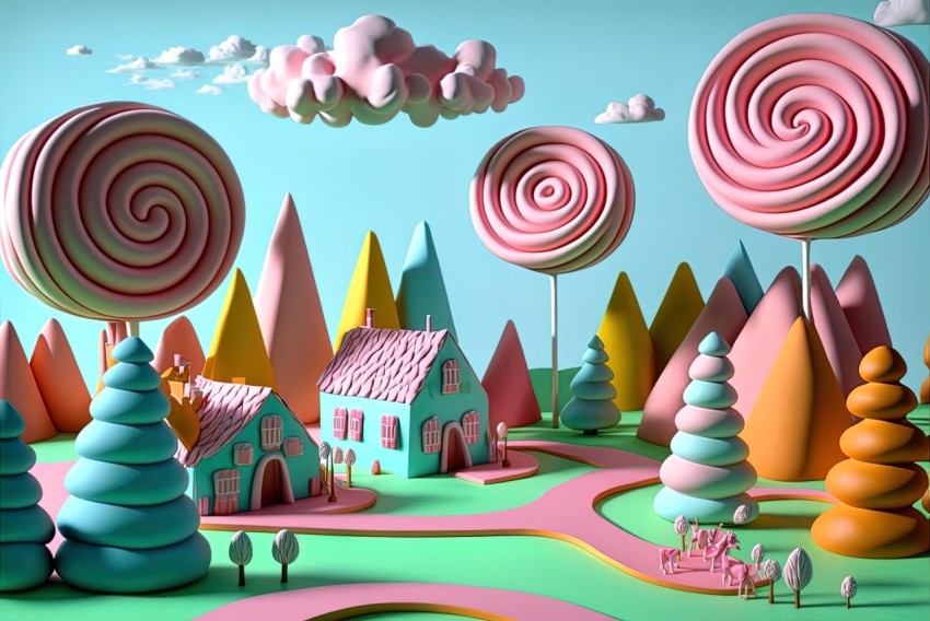 Whimsical Candycore Landscape with Lollipops, Flowers, and a House