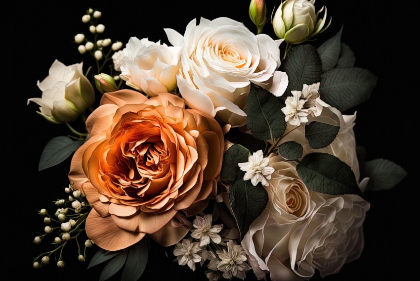 White and Orange Bouquet on Black Background - Meticulous Photorealistic Still Life