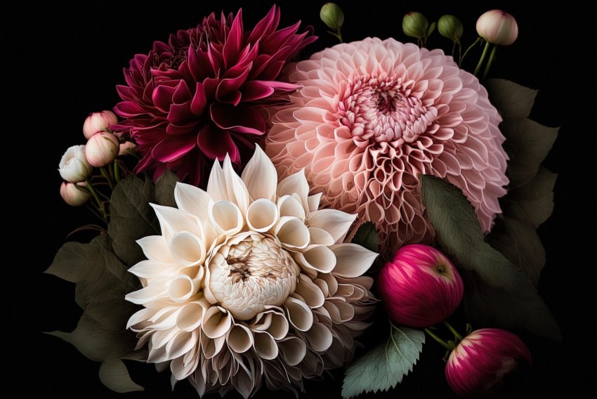Meticulous Composition of Pink and White Flowers on Black Background