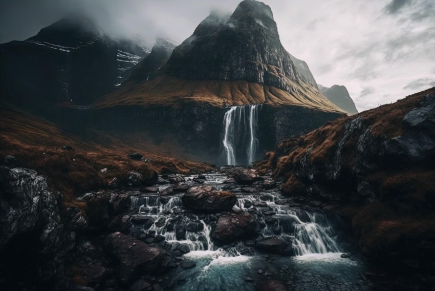 Moody Waterfall Under Stormy Sky in Faroes