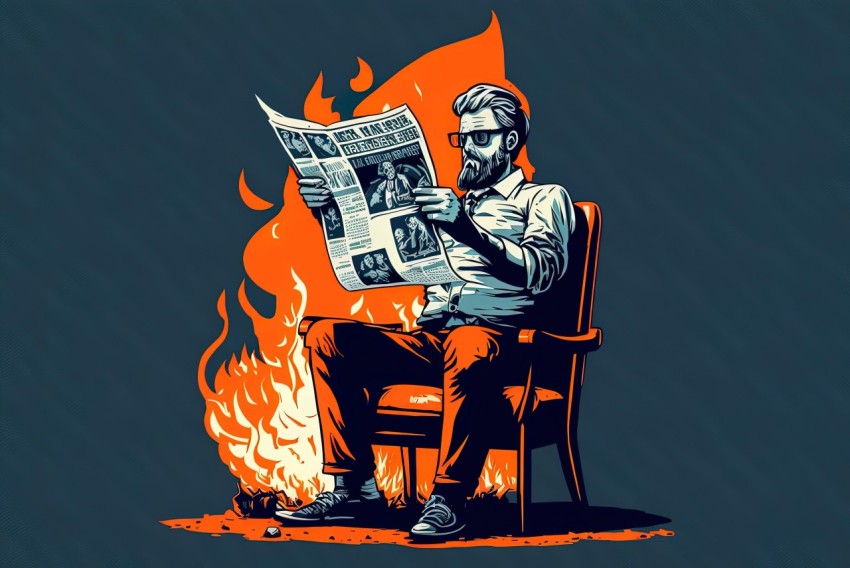 Retro-Style Poster: Tattered Guy Reading Newspaper with Flames