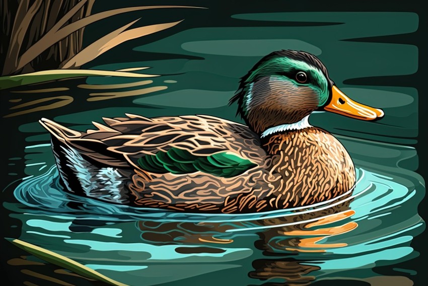 Detailed Mallard Duck Swimming in Water - Nature-inspired Illustration