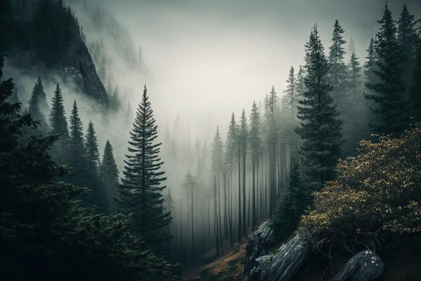 Foggy Mountain with Pine Trees - Dark and Intricate Nature-Inspired Art