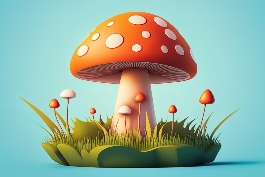 Vibrant 3D Mushroom Art on Grass | Graphic Illustrations