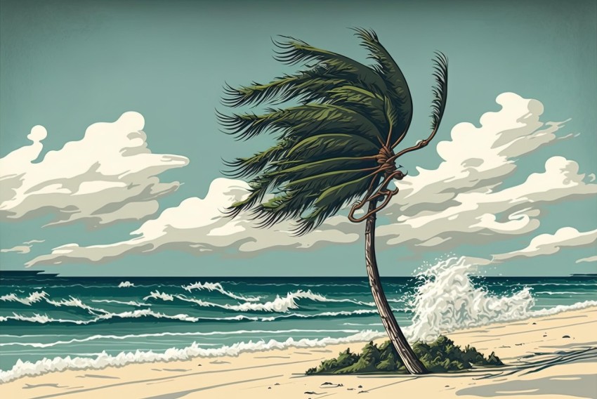 Blowing Palm Tree on Beach: Intricate Illustrations & Stormy Seascapes