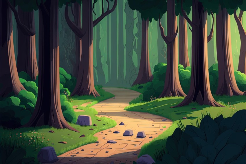 Forest Path Illustration: Hyper-Detailed Cartoon Background