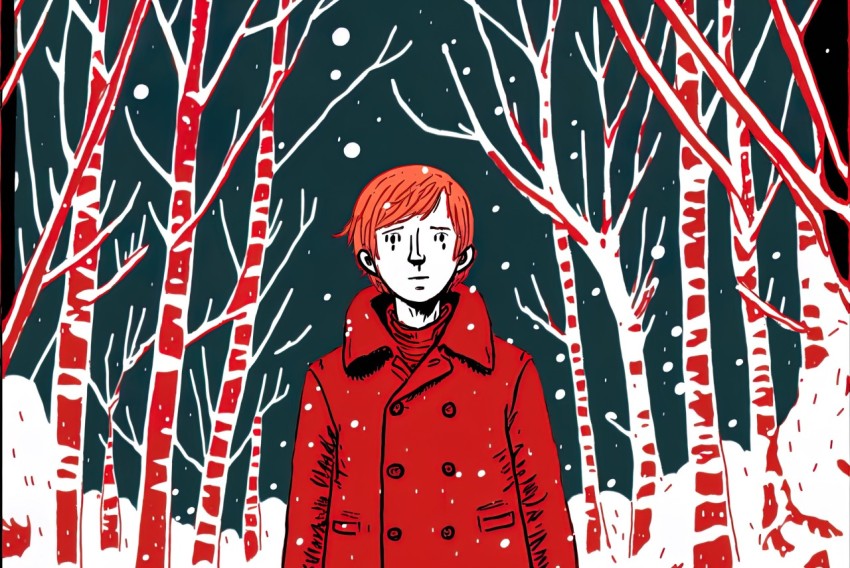 Red Coat in Snow Forest: A Graphic Novel Illustration