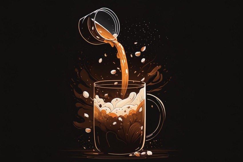 Surrealistic Coffee Pouring in Mug on Dark Background