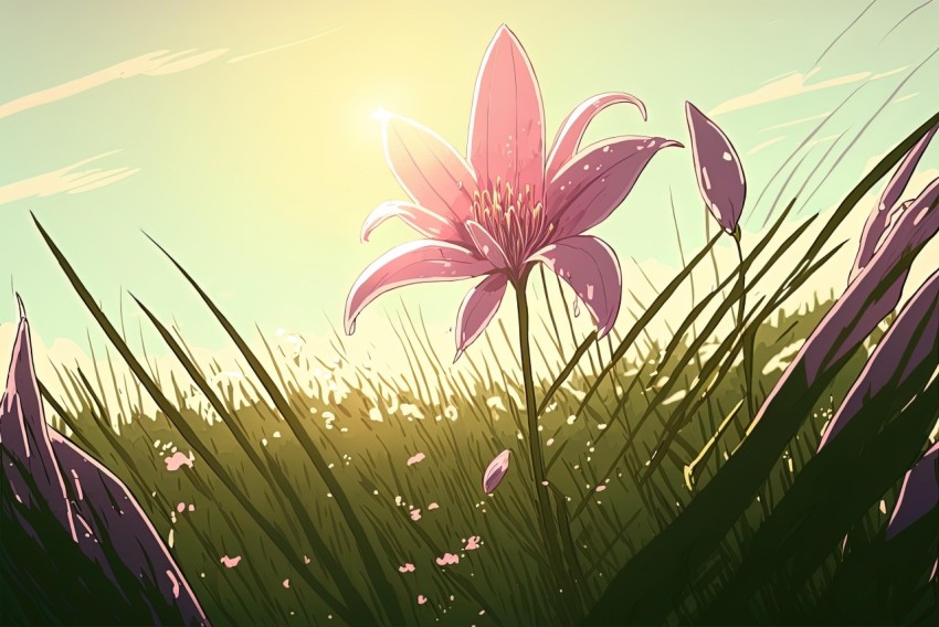 Pink Flower in Grass and Sunlight - Detailed Character Design