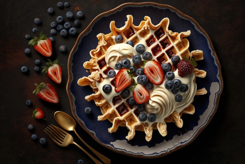 Delicious Waffles with Cream and Berries on a Vintage Plate