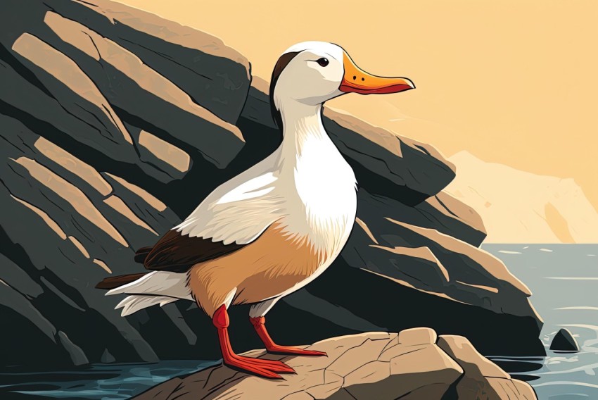 Cartoon Duck on Rocks - Realistic Portrait Style - Hyper-detailed Illustration
