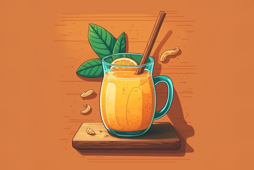 Crisp Neo-Pop Illustration of a Jug of Orange Juice with Straw and Leaf