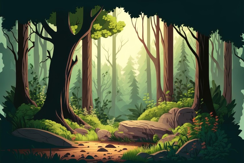 Detailed Cartoon Forest Background Illustration