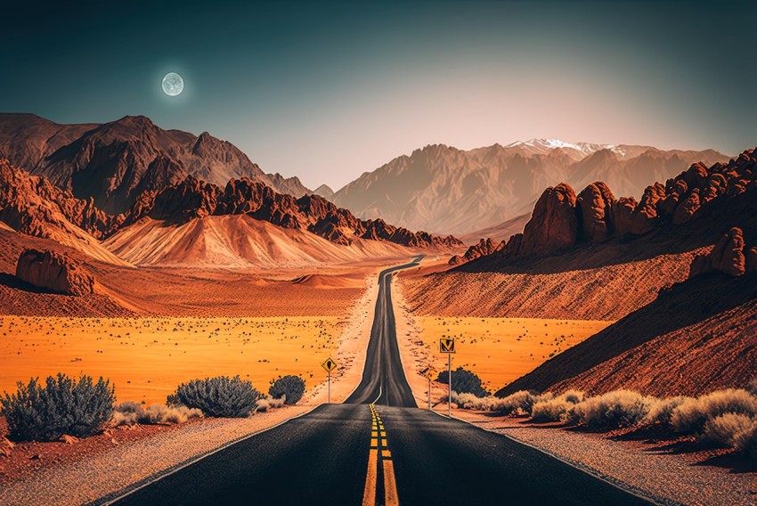 Desert Road in Retro Pop Art Style - Vibrant and Exotic Landscape