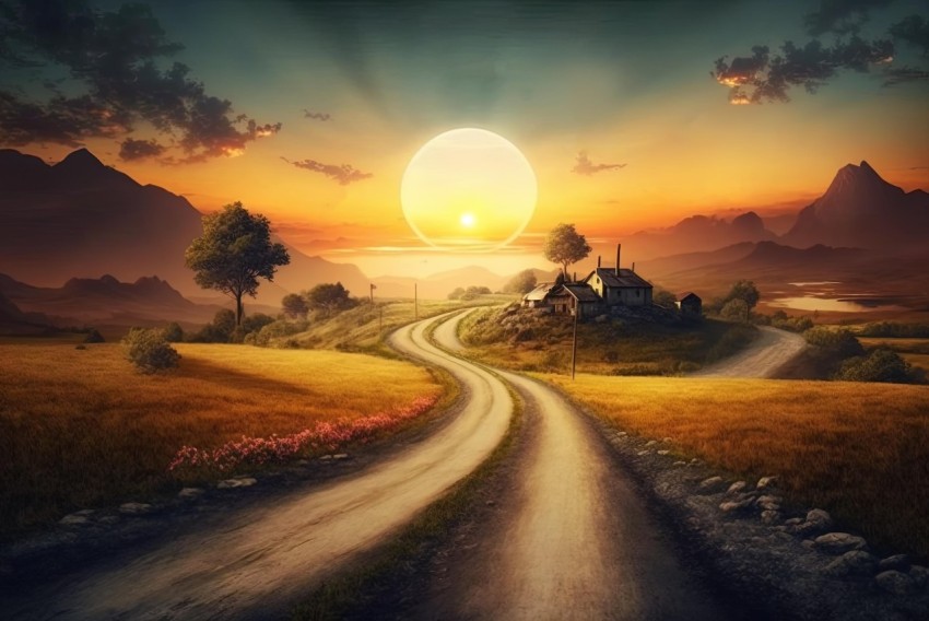 Charming Rural Scene with Sunset | Realistic Fantasy Artwork