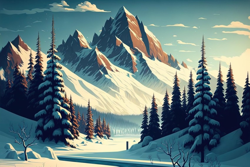 Snowy Landscape with Mountains and Trees - Nature-Inspired Art Nouveau