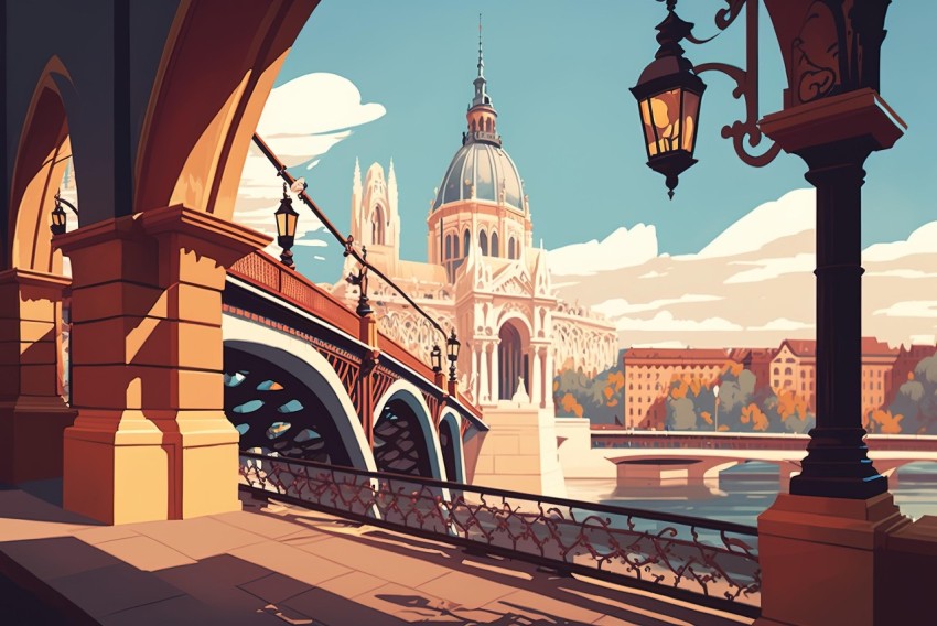 Cartoonish Bridge in a City with Ornate Light | Warm Color Palette