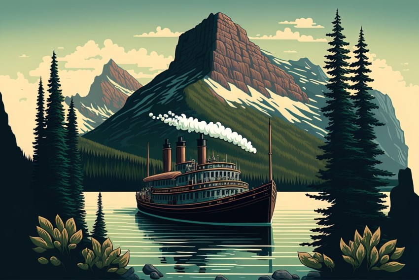 Illustration of a Steamboat on the River - Bold Landscapes and Vintage Poster Style