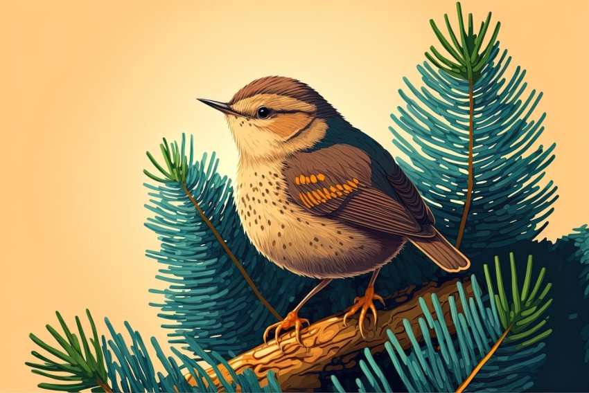Brown Bird on Pine Branch - Hyper-Detailed Illustration
