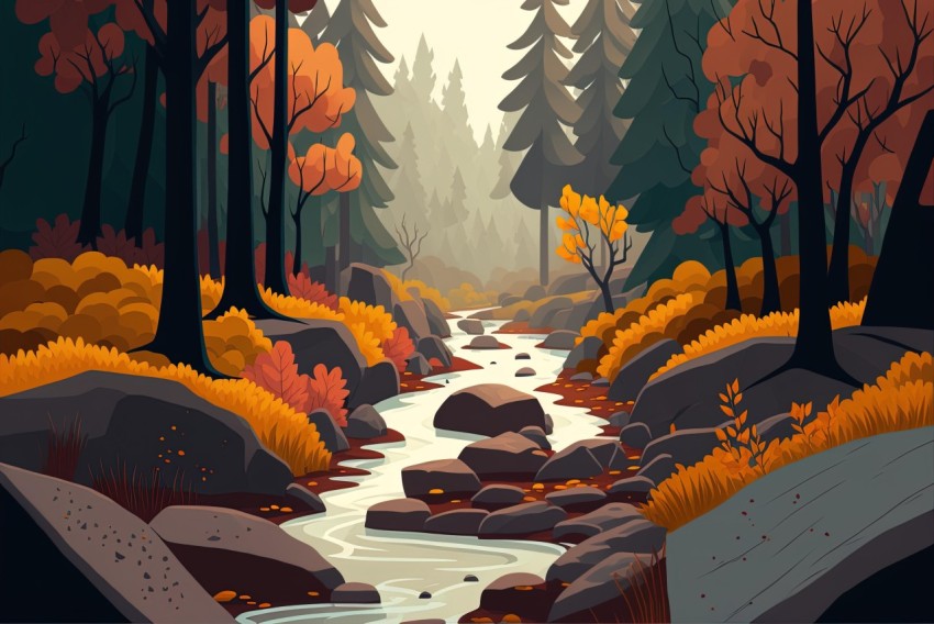 Autumn Forest Landscape with Flowing Stream - Bold Graphic Illustration