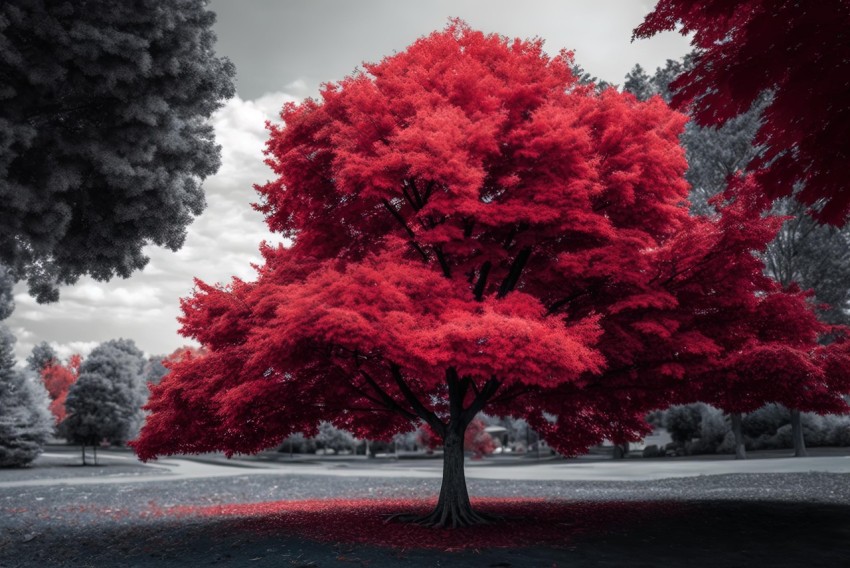 Red Tree in Forest: Bold Chromaticity and Intense Details