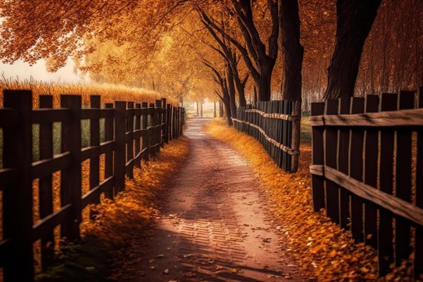 Autumn Morning with Wooden Fence | Dark Orange and Light Gold