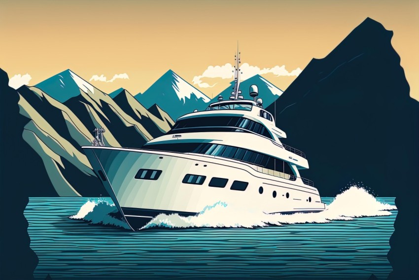 Luxury Yacht Sailing under Majestic Mountains | Pop Art-Inspired Illustrations