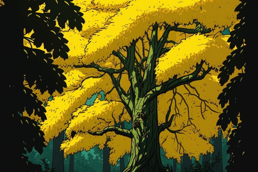 Yellow Tree in Woods - Realistic Illustration inspired by Edo-Period Japan