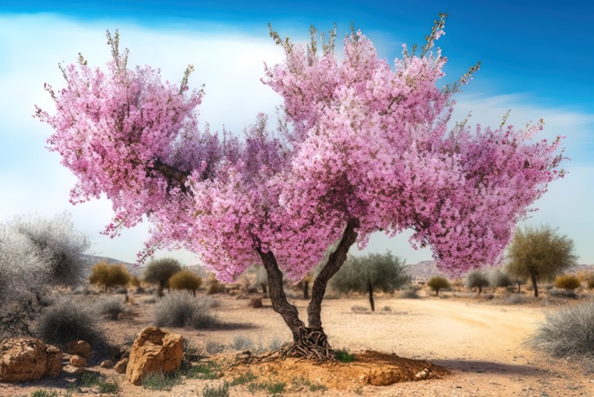 Realistic Still Life of Flowering Arbour Trees in Desert | Pink Cherry Blossoms