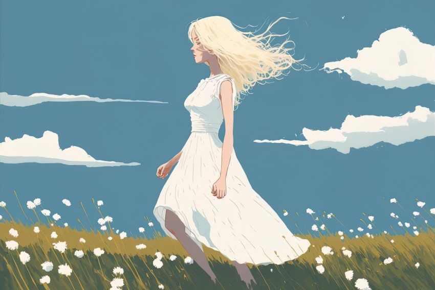 Woman in White Dress Walking on Beautiful Wheat Field - Anime-inspired Illustration
