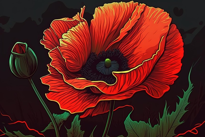 Dark and Vibrant Poppy Flower: Detailed Comic Book Art