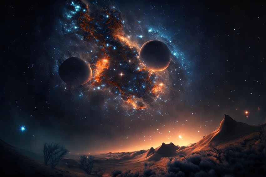 Digital Fantasy Landscapes with Celestial Spheres | Dark Black and Orange