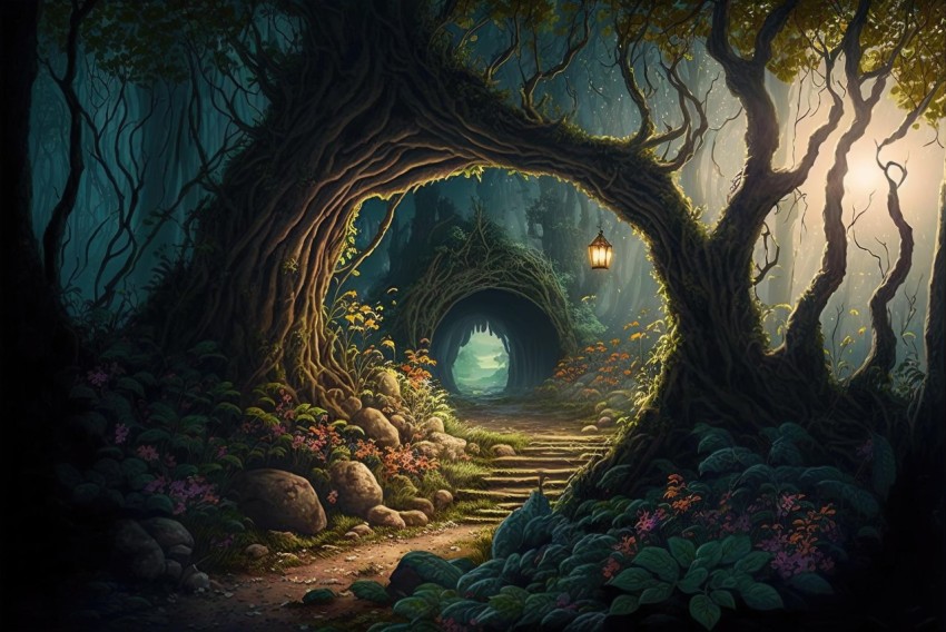 Fantasy Forest Illustration with Arched Doorways and Lush Details