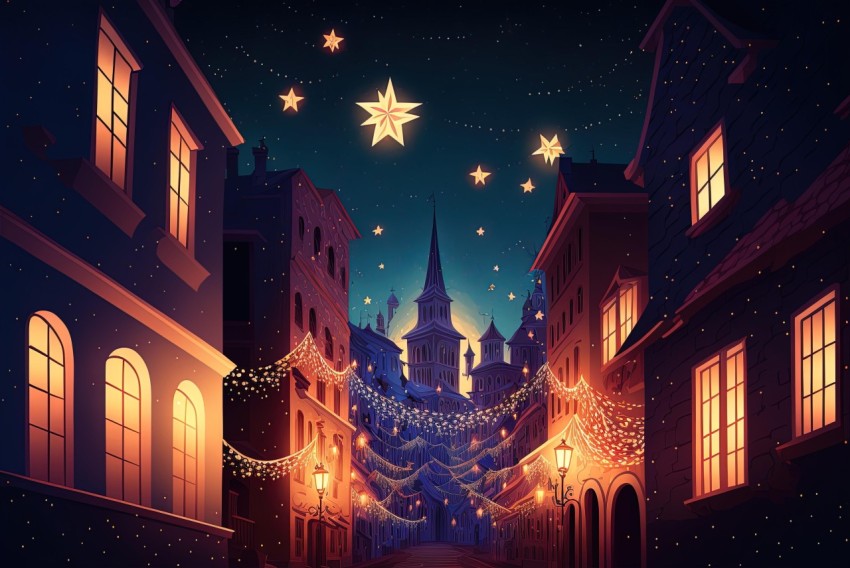 Christmas City Landscape with Stars - Detailed Atmospheric Illustration