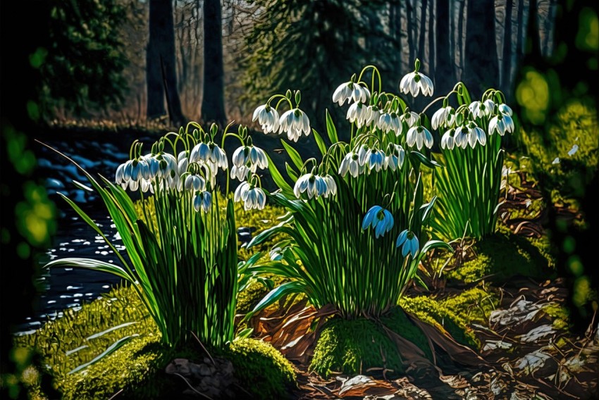 White Snowdrops in Expressionist Forest - Digital Art