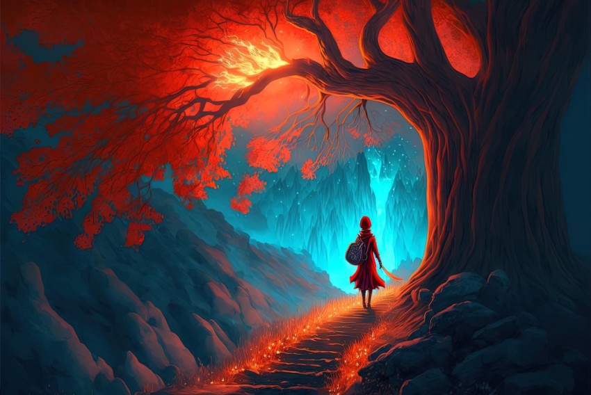 Vibrant Fantasy Landscape with Person Walking on Stone Pathway