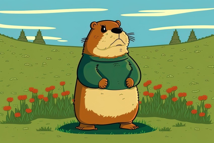 Cartoon Groundhog in Green Field - Normcore Style