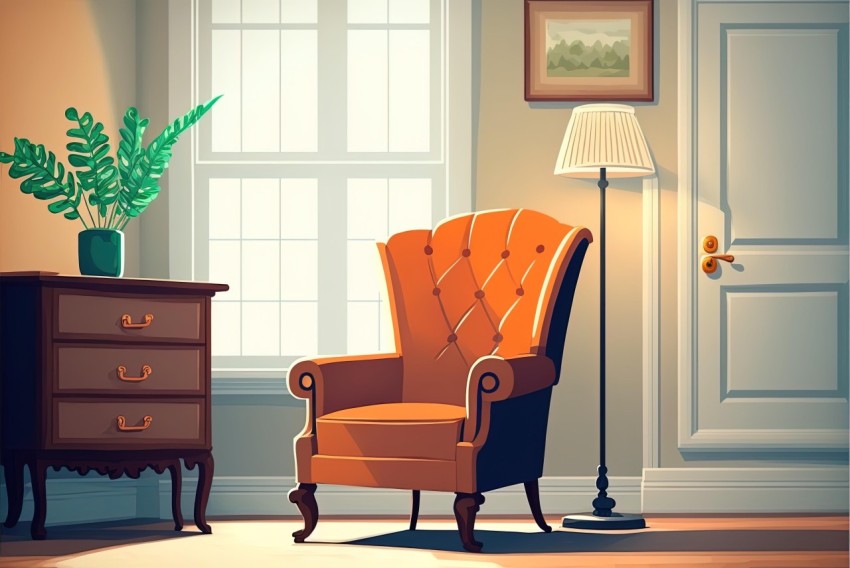Charming Room with Orange Chair and Plant - Classical Style