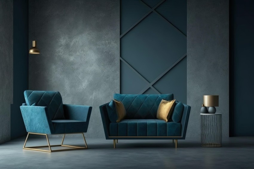 Modern Furniture Styling Set with Blue Walls and Gold Accents