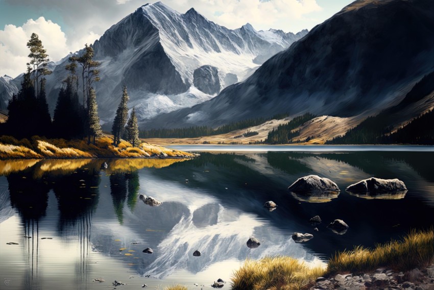 Serene Mountain Lake: Realistic Isolated Landscape