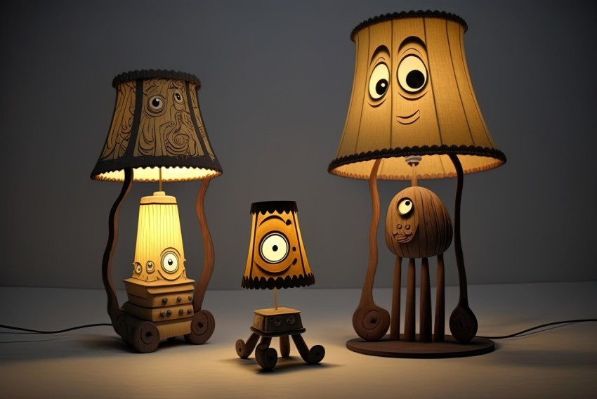 Whimsical Wooden Lamps with Wiggly Eyes | Detailed Character Illustrations
