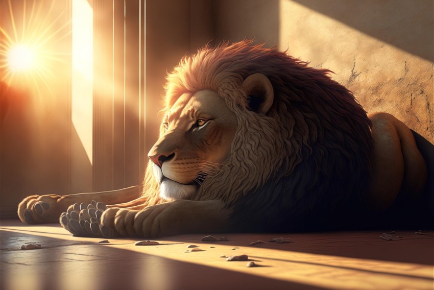 Majestic Lion Resting in Sunlight - Detailed Character Illustration
