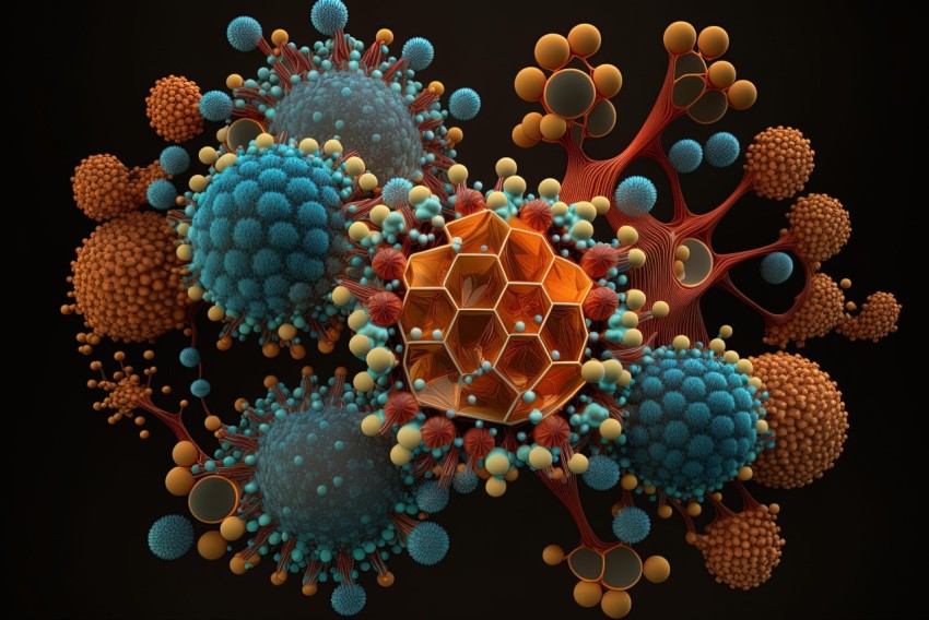 3D Depiction of Viruses in Dark Orange and Aquamarine
