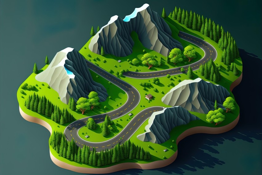 Mountain Road Isometric Illustration | Hyper-Realistic Water