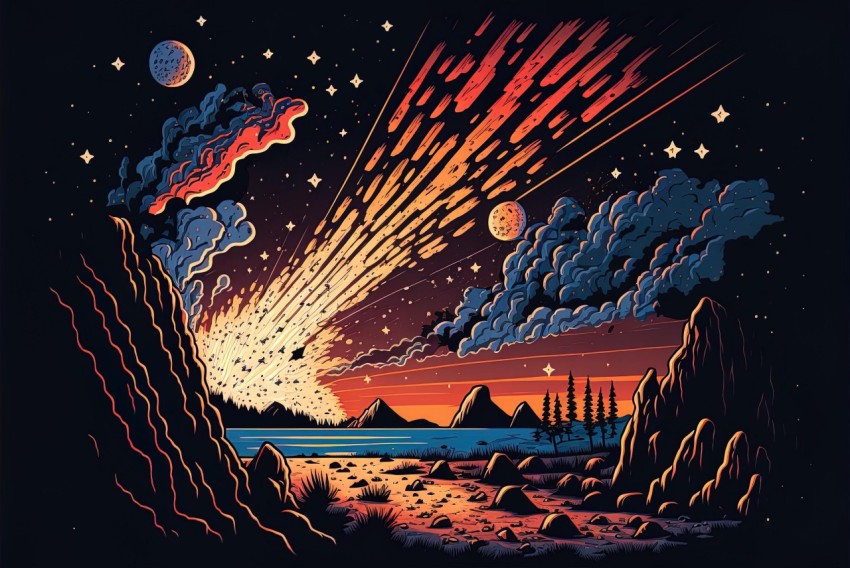Woodcut-Inspired Space Scene with Falling Meteors over a Lake