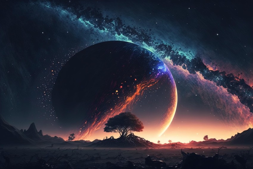 Futuristic Landscape with Galaxy, Planet, and Tree | Intense Color Saturation