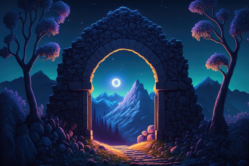 Colorful Fantasy Arch at Night with Mountain Scenery