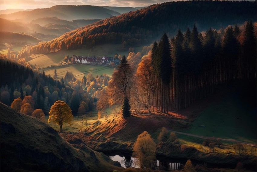 Golden Light Landscape: A Picturesque Valley with Trees